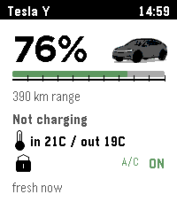 Pebsla status screen in English on Pebble Time 2 showing Tesla Y
