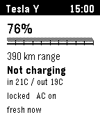 Pebsla status screen in English on Core 2 showing Tesla Y